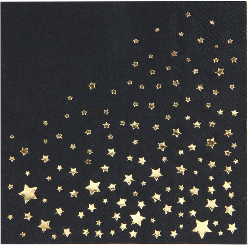 The Essential Concierge Stylish Black and Gold Napkins, 100 Black Star Napkins, 5x5 Inch Black and Gold Cocktail Napkins, Disposable Black Star Cocktail Napkins for Party - Image 1